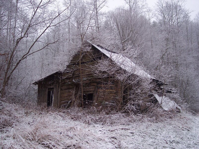 Abandoned cabin in snowy woods