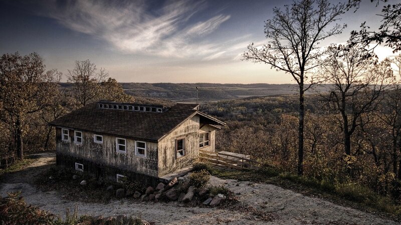 Abandoned Cabin on Hillside — Brown, Dramatic, Sunset, Photograph, Trees, Valley