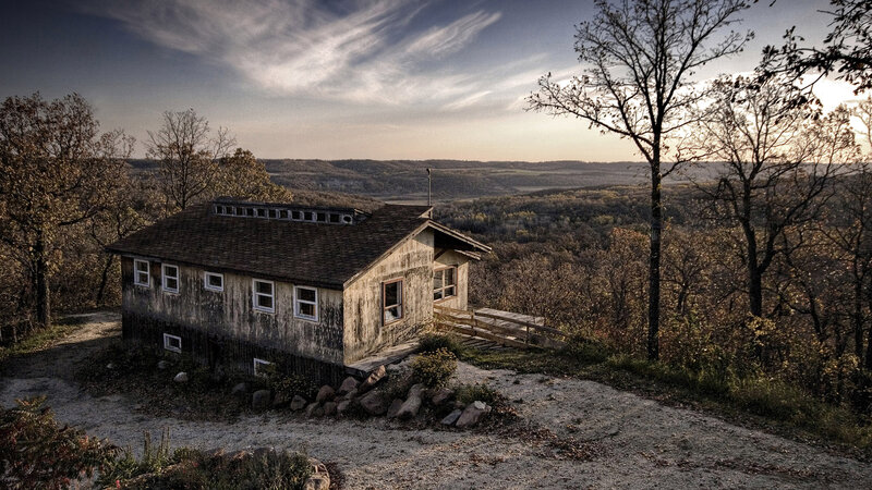 Abandoned Cabin on Hillside — Brown, Dramatic, Sunset
