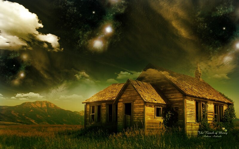 Abandoned cabin under starry sky