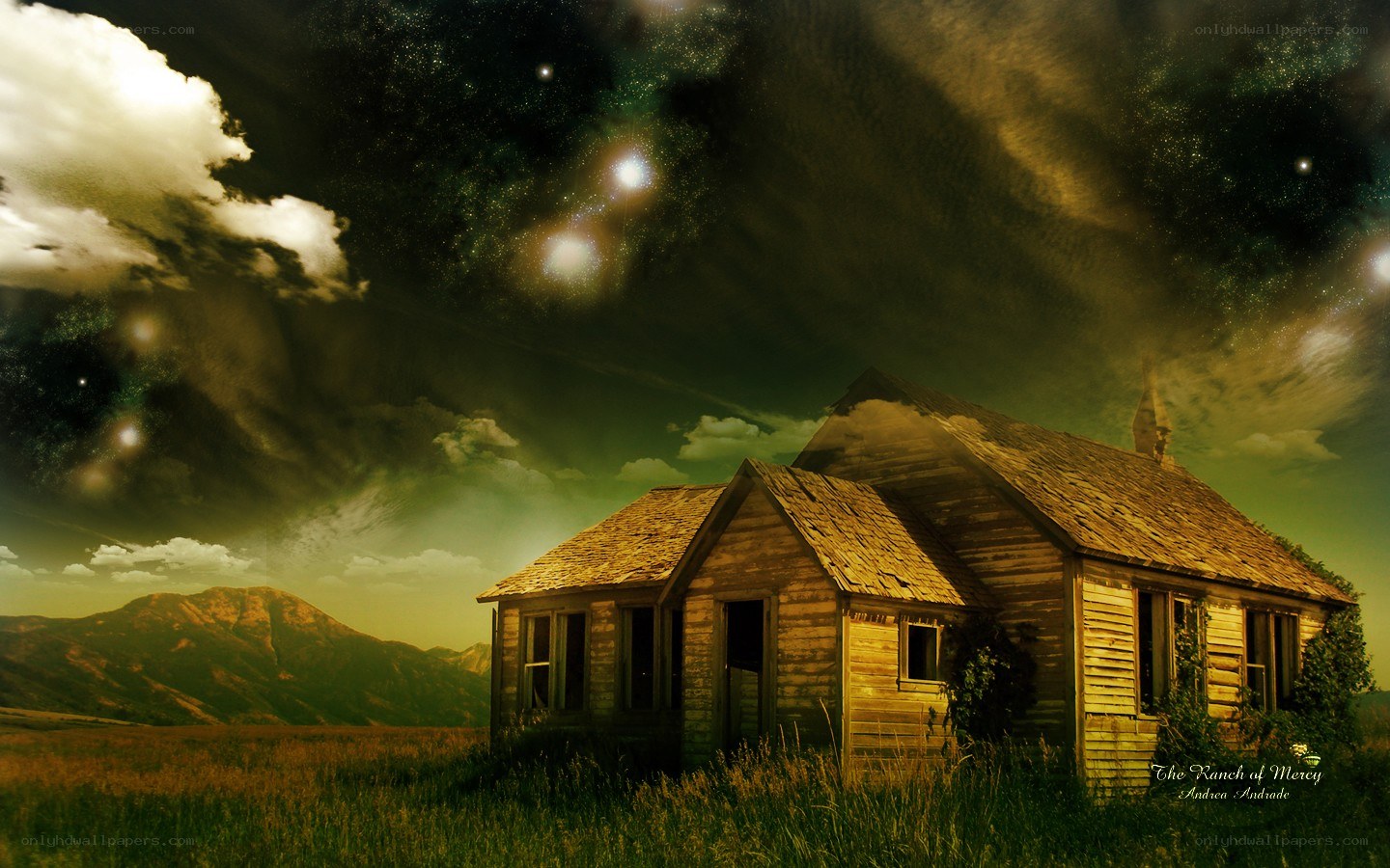 Abandoned cabin under starry sky
