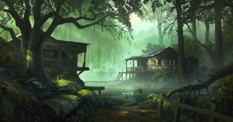 Abandoned Cabins in Swamp — Green, Misty
