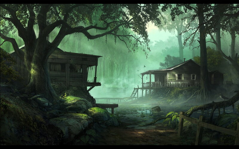 Abandoned Cabins in Swamp — Green, Mysterious, Night