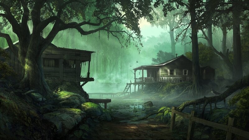 Abandoned Cabins in Swamp — Green, Mysterious