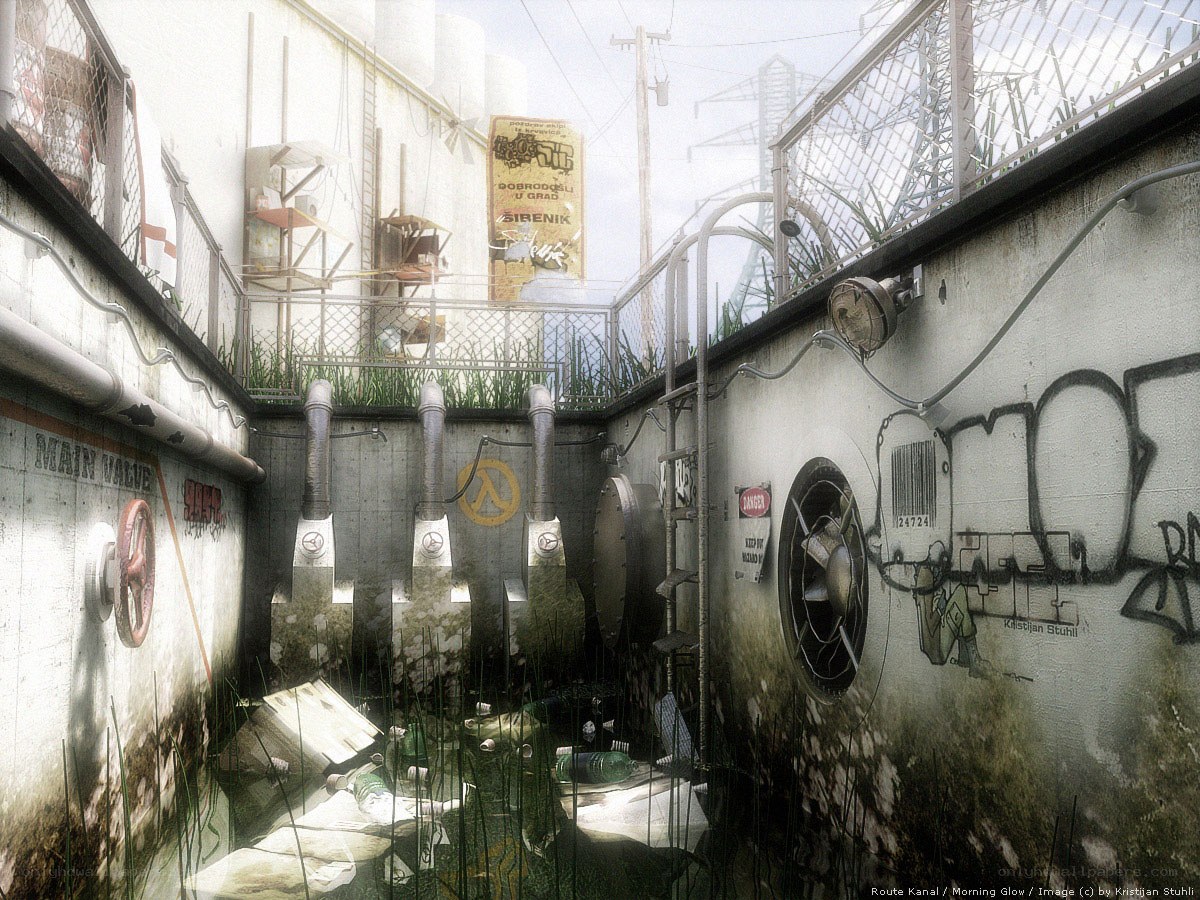 Abandoned canal with graffiti