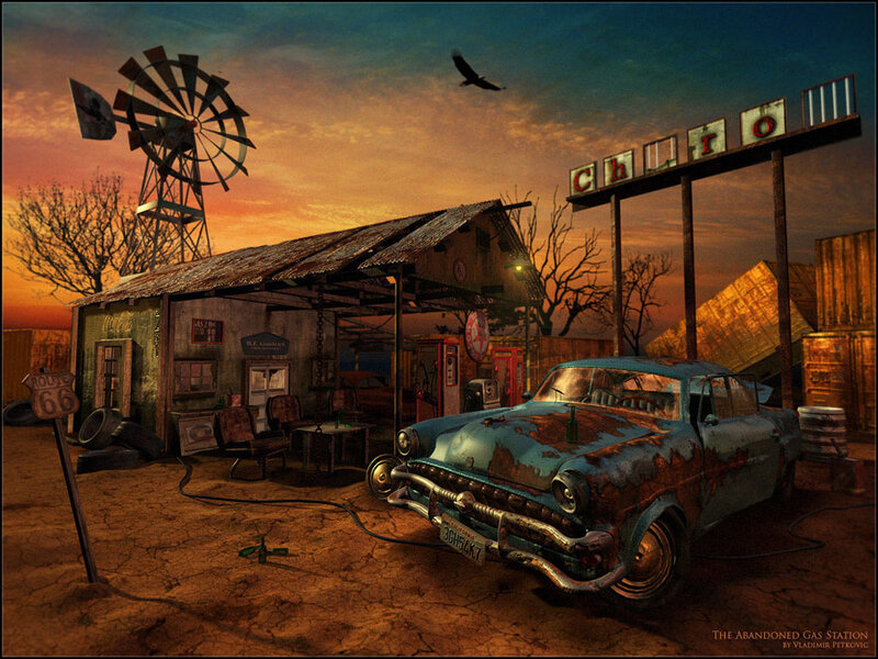 Abandoned Car at Gas Station — Orange