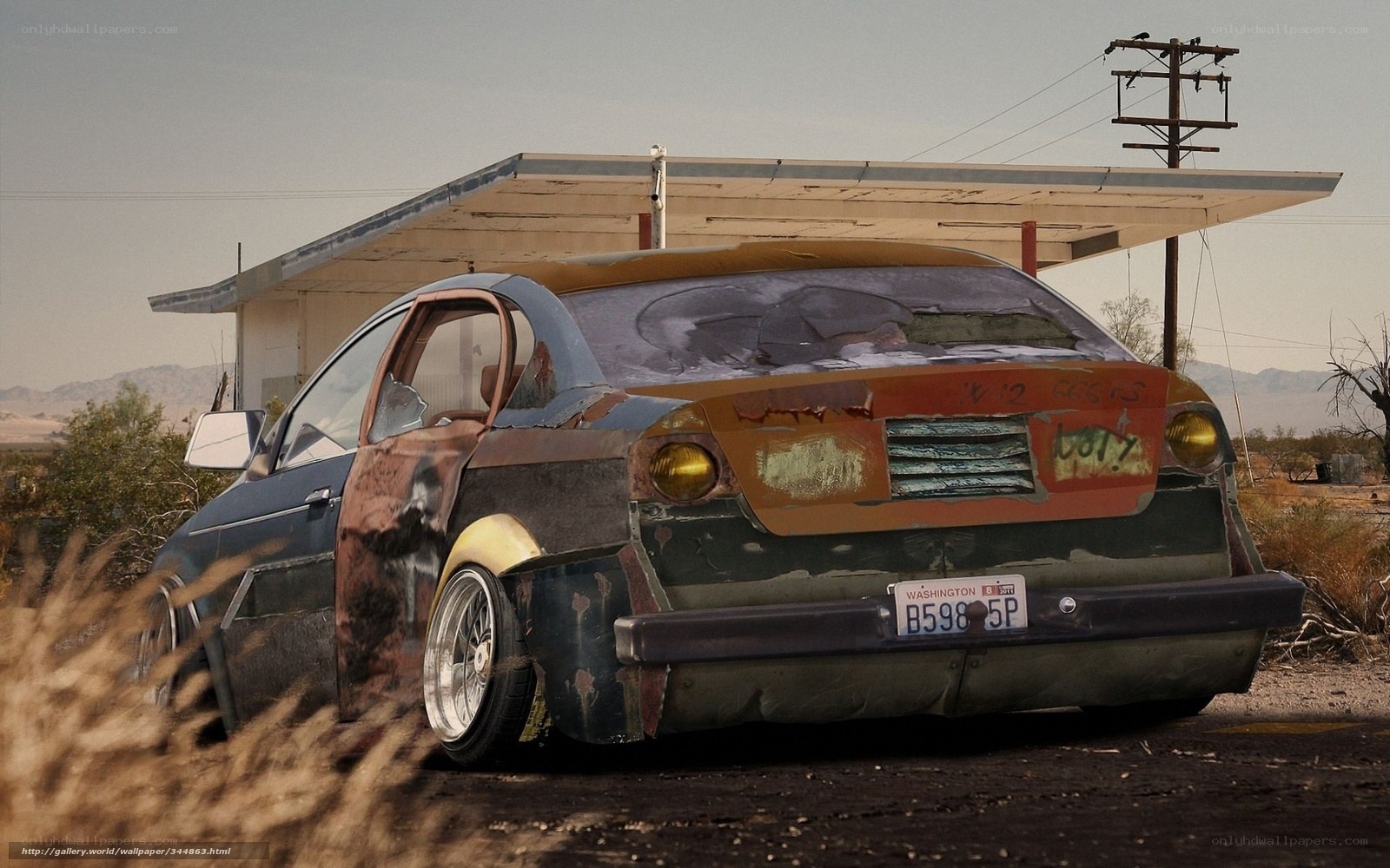 abandoned car at gas station