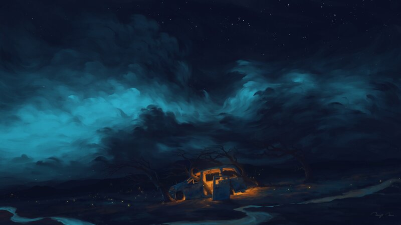 Abandoned Car at Night — Blue
