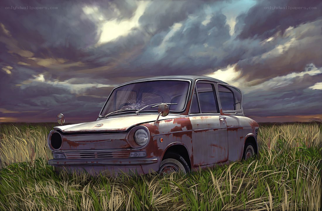 abandoned car in a field