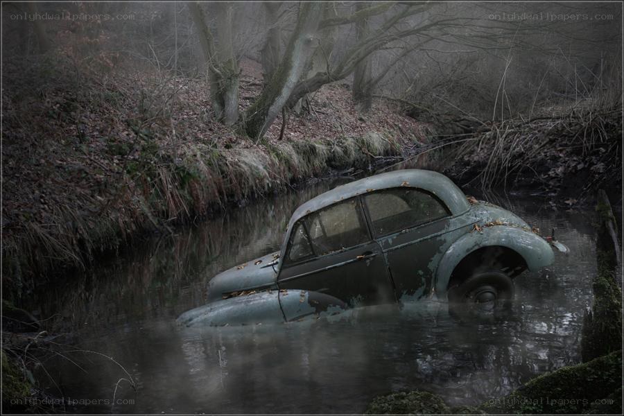 Abandoned car in a forest stream