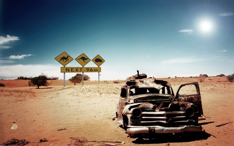 Abandoned Car in Desert — Blue, Desolate, Afternoon, Photograph
