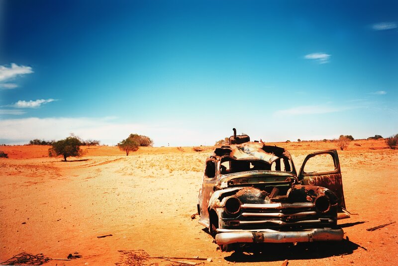 Abandoned Car in Desert — Blue, Dramatic, Afternoon, Photograph