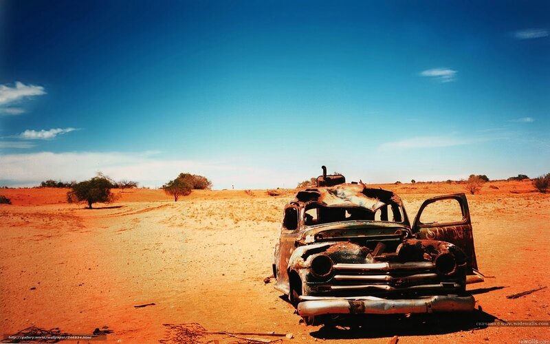 Abandoned Car in Desert — Blue, Dramatic, Afternoon