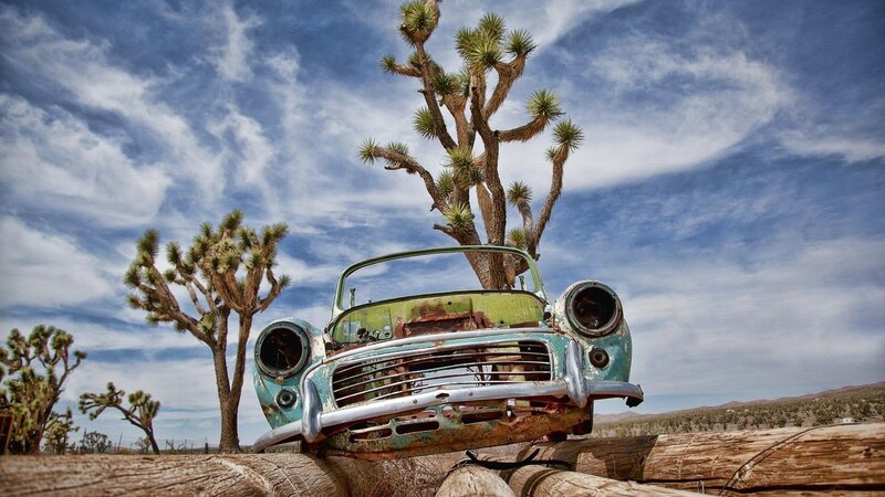 Abandoned Car in Desert — Blue, Dramatic
