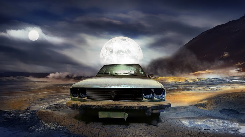 Abandoned Car in Desert — Gray