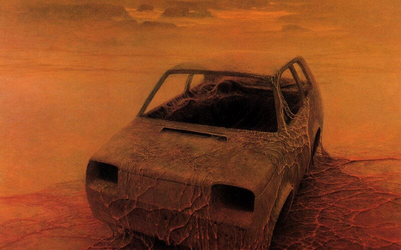 Abandoned Car in Desert — Orange, Apocalyptic