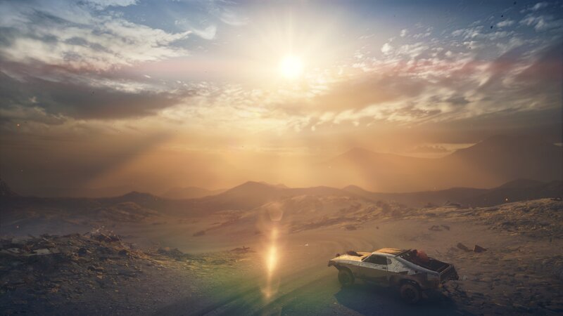 Abandoned Car in Desert — Orange, Dramatic, Sunset, 3d Render