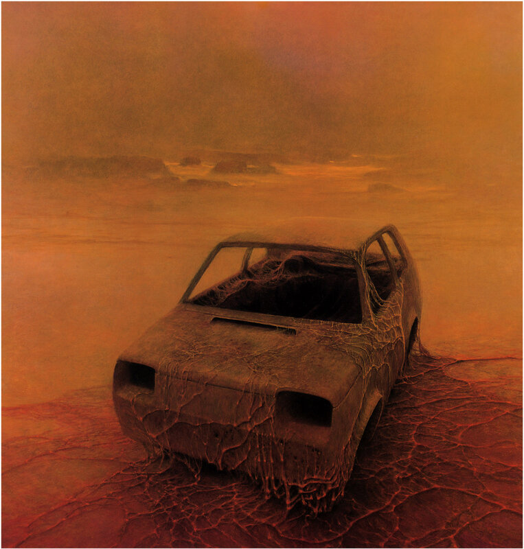 Abandoned Car in Desert — Orange, Dramatic, Sunset