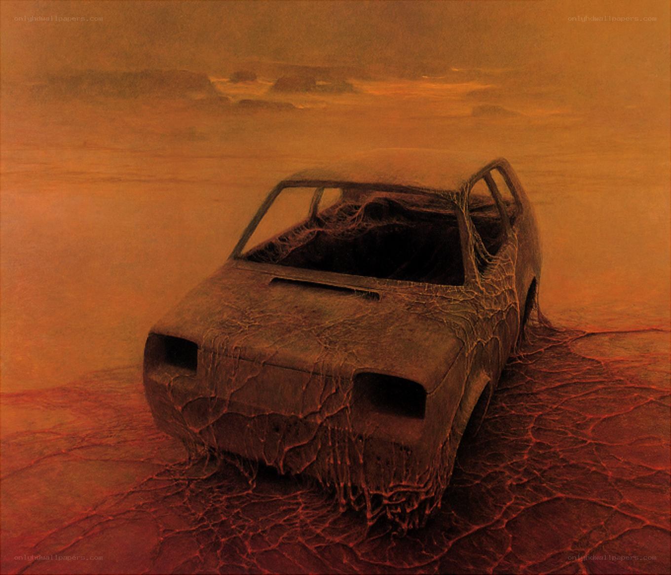Abandoned car in desert wasteland