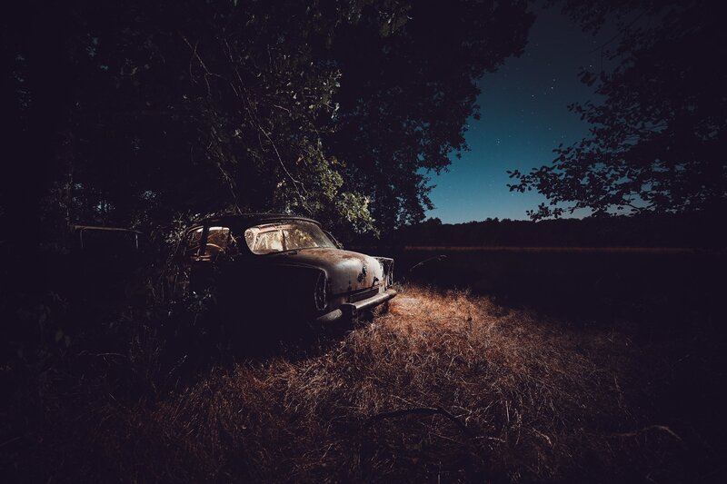 Abandoned Car in Field — Black, Dark
