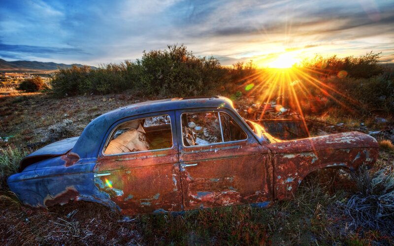 Abandoned Car in Field — Blue, Dramatic
