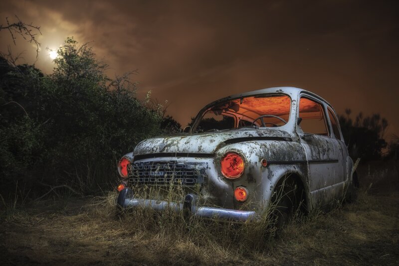 Abandoned Car in Field — Brown, Dramatic, Night