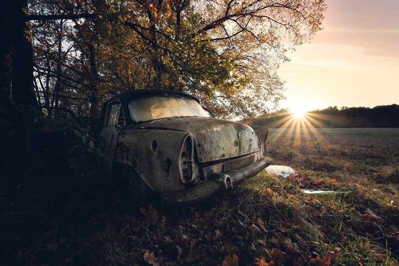 Abandoned Car in Field — Brown, Dramatic, Sunset