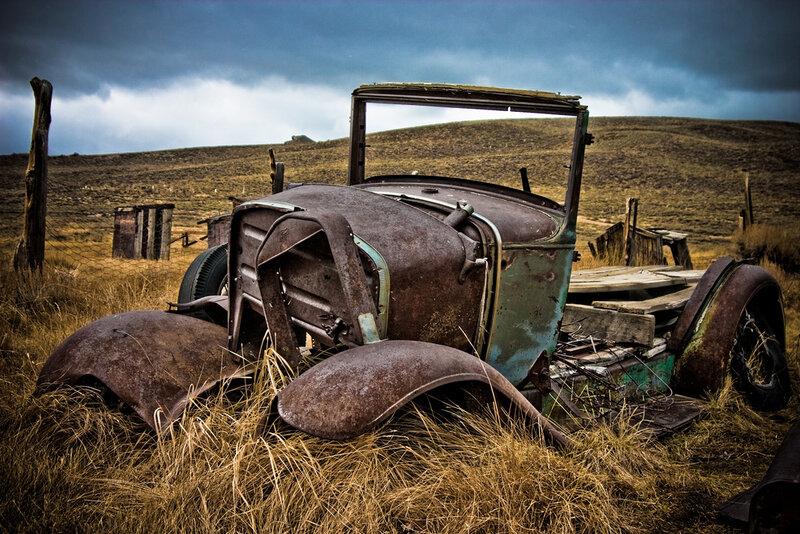 Abandoned Car in Field — Brown, Dramatic