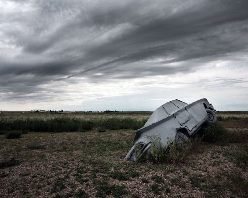 Abandoned Car in Field — Gray, Dramatic, Afternoon