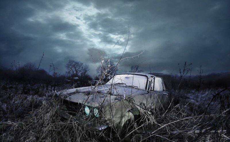 Abandoned Car in Field — Gray, Dramatic