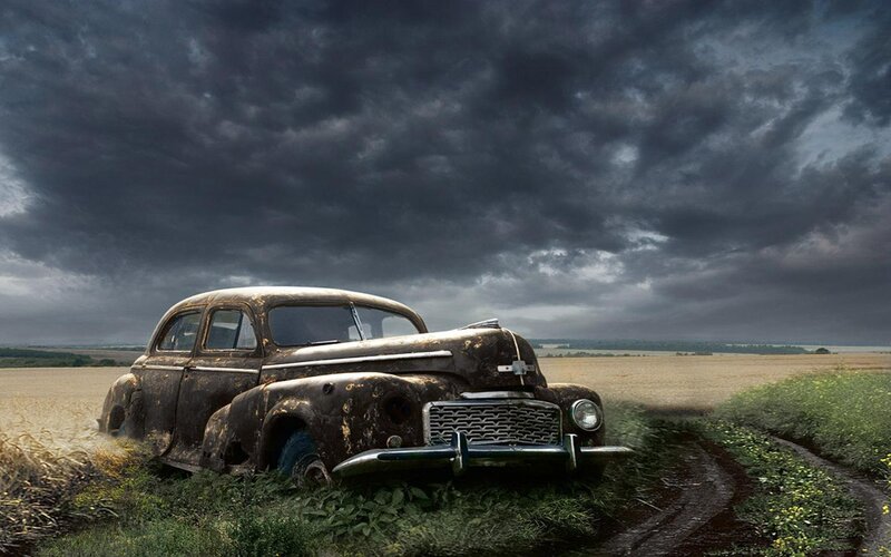 Abandoned Car in Field — Gray