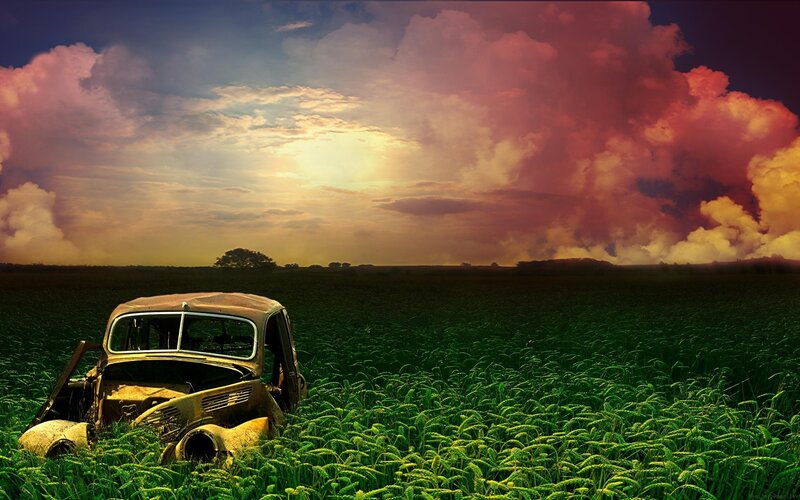 Abandoned Car in Field — Green, Dramatic, Sunset