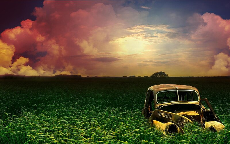 Abandoned Car in Field — Green, Dramatic