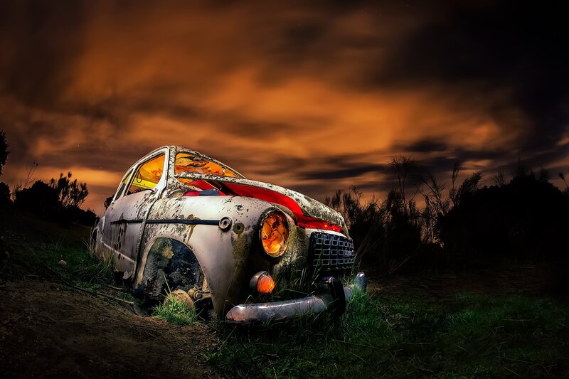 Abandoned Car in Field — Orange