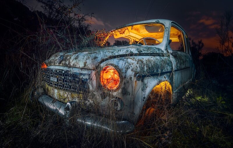Abandoned Car in Field — White