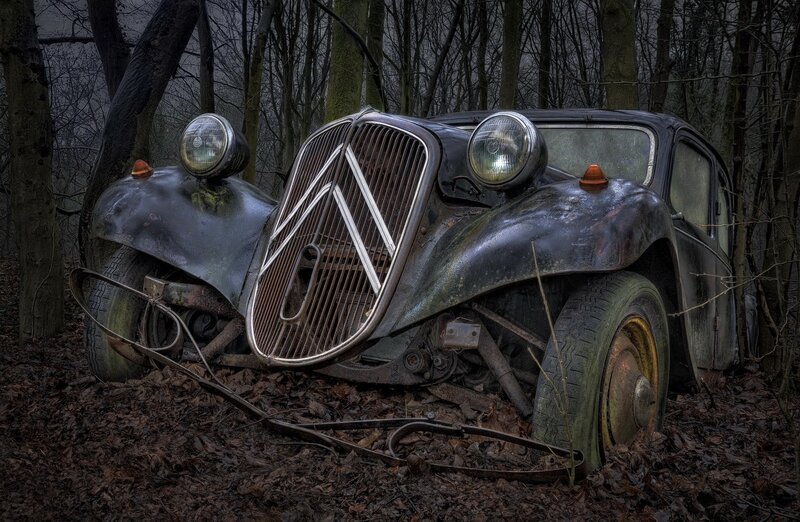 Abandoned Car in Forest — Black, Dreary