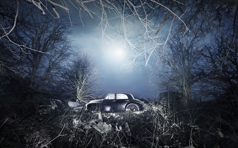 Abandoned Car in Forest — Blue
