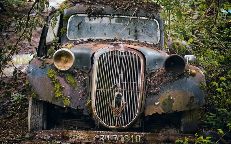 Abandoned Car in Forest — Green, Decaying