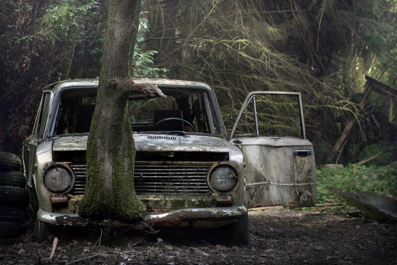 Abandoned Car in Forest — Green, Desolate, Photograph