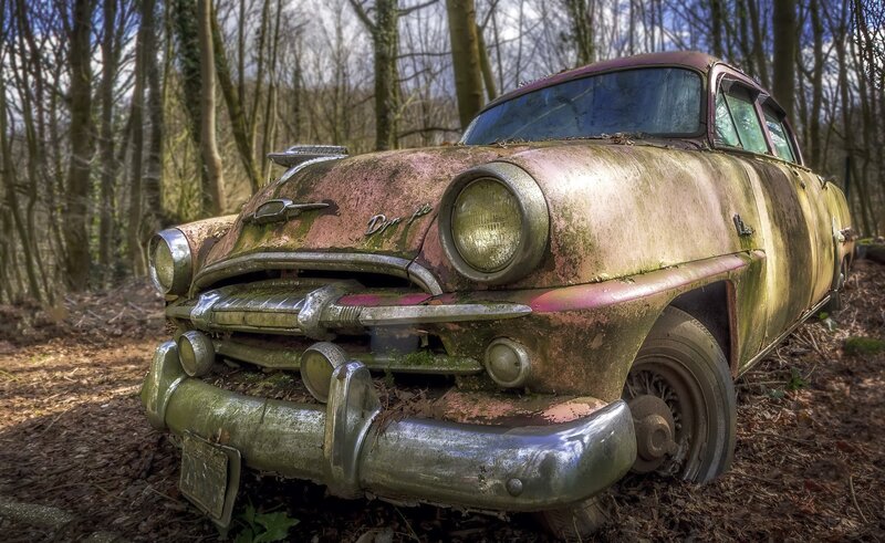 Abandoned Car in Forest — Green, Dramatic, Autumn
