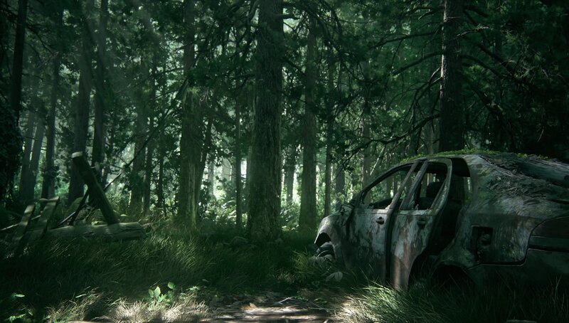 Abandoned Car in Forest — Green, Somber, Morning, 3d Render
