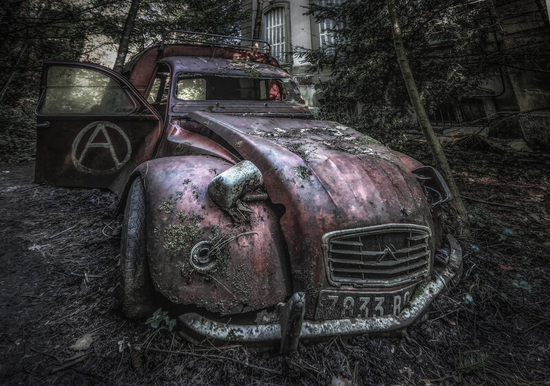 Abandoned Car in Forest — Red