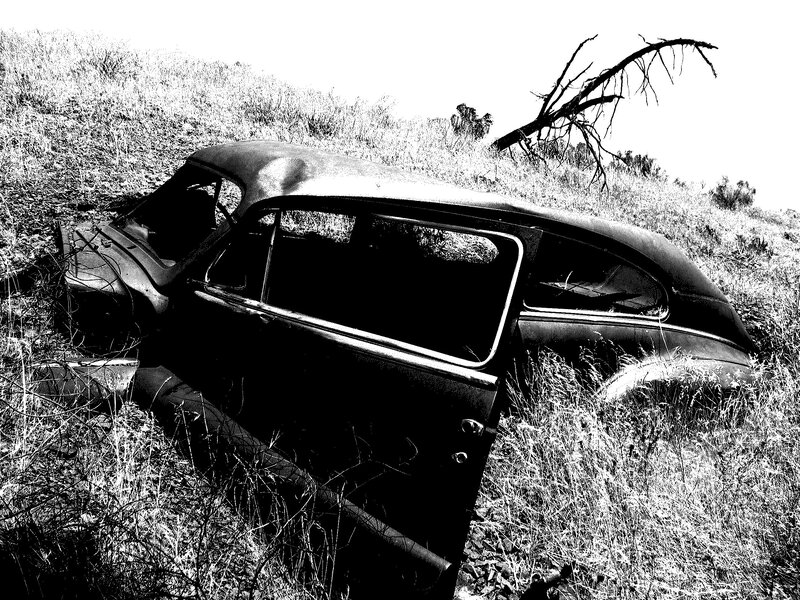 abandoned car in grassy field