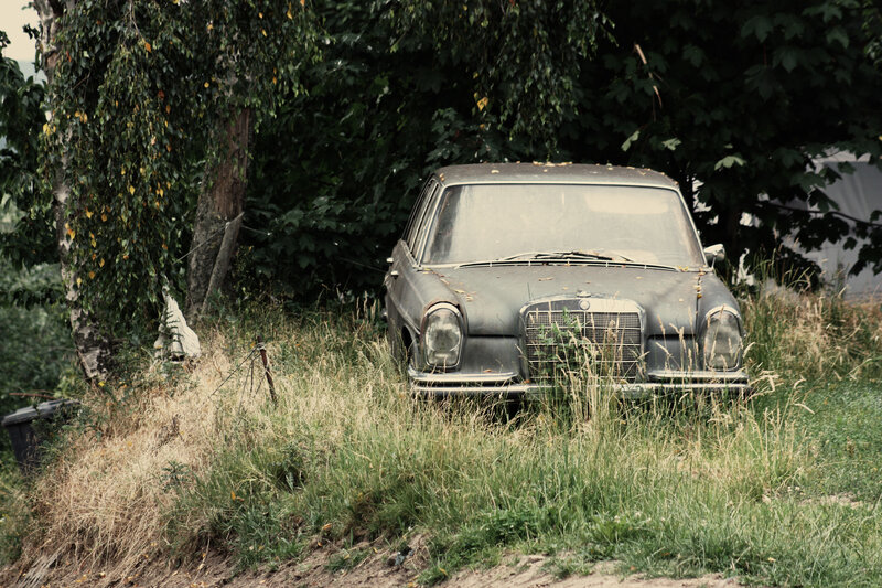 abandoned car in overgrown field