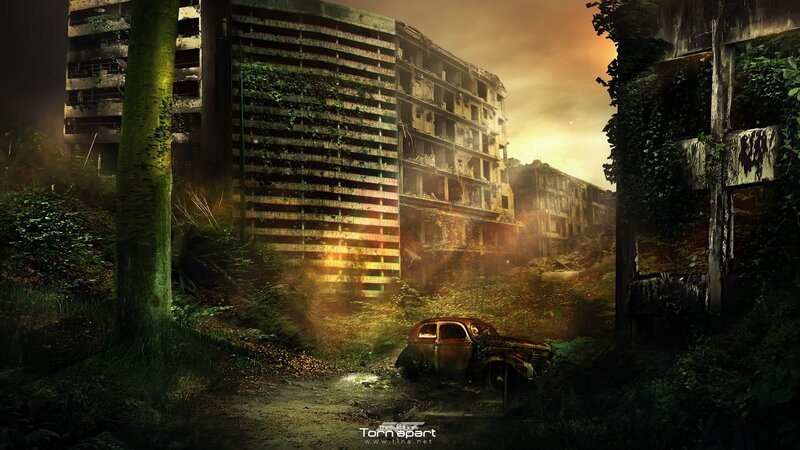 Abandoned Car in Ruins — Green