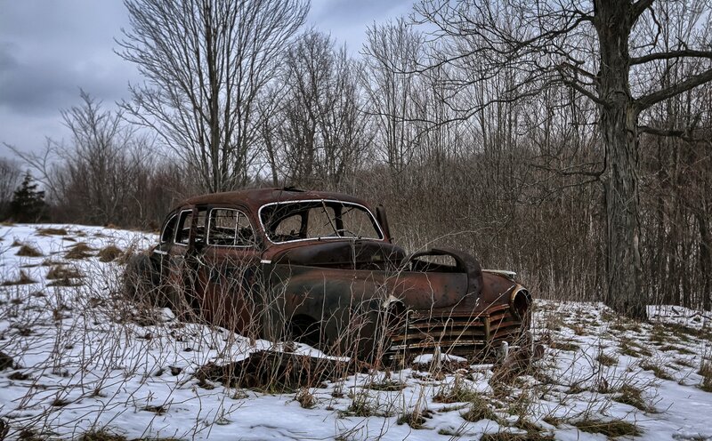 Abandoned Car in Snow — Brown, Desolate