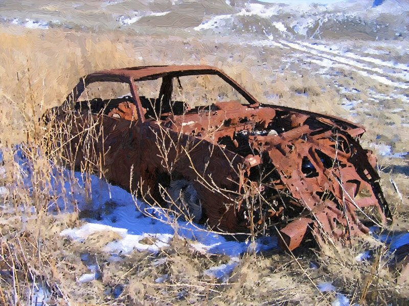 Abandoned Car in Snow — Brown