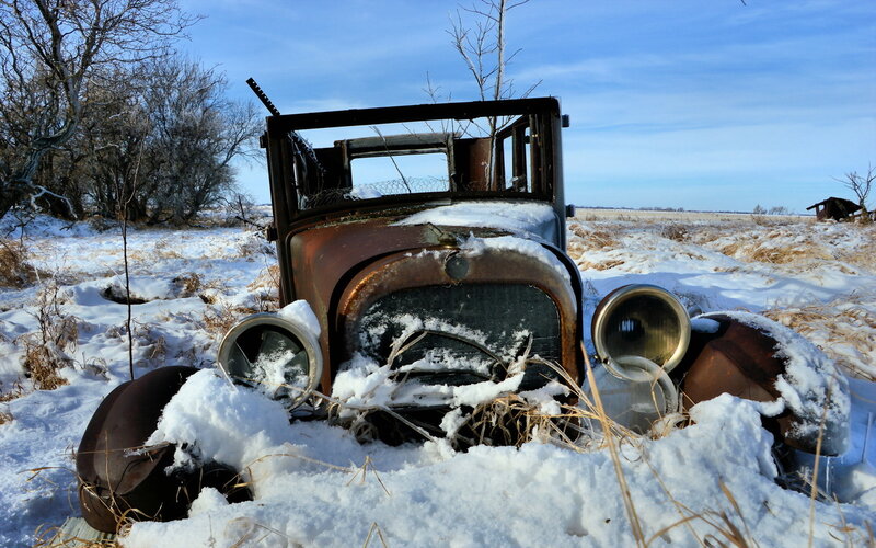 Abandoned Car in Snow — White