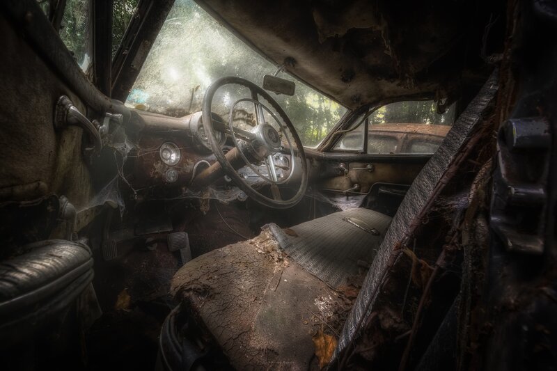 Abandoned Car Interior — Brown, Decaying