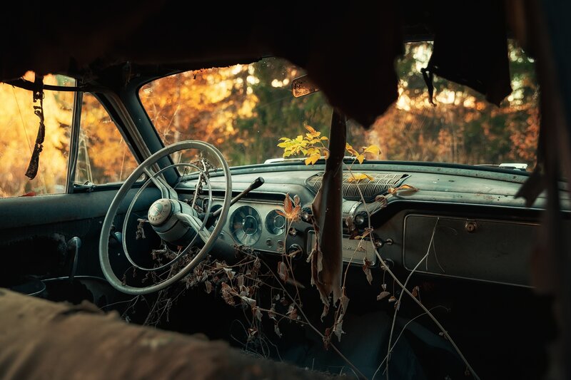 Abandoned Car Interior — Brown, Dramatic